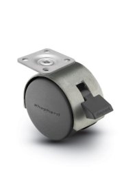 Caster; Twin; Swivel; 2in (50mm); Nylon; Top Plate; 1-1/2x1-1/2; hole spacing: 1x1; 3/16 bolt; Satin Chrome; Zinc Body; 75#; Pedal Lock; Wheel; Hood (Item #68616)