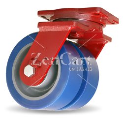 (image for) Caster; Swivel; 8" x 3"; PolyU (1"; 85A) on Steel; Plate (6-1/8"x7-3/8": holes: 4-1/8"x6-1/8"; 9/16" bolt); Red Painted; Prec Ball Brngs; 4800#; Ergonomic (Item #63442)