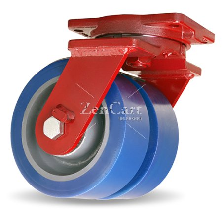(image for) Caster; Swivel; 8" x 3"; PolyU (1"; 85A) on Steel; Plate (6-1/8"x7-3/8": holes: 4-1/8"x6-1/8"; 9/16" bolt); Red Painted; Prec Ball Brngs; 4800#; Ergonomic (Item #63442)