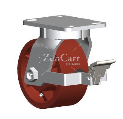 (image for) Caster; Swivel; 6" x 3"; Ductile Steel; Plate; 5-1/4x7-1/4; holes: 3-3/8x5-1/4 (slots to 4-1/8x6-1/8); 1/2 bolt; Tapered Brng; 7000#; Face Brake; Kpinless (Item #67687)