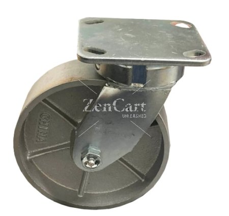 (image for) Caster; Swivel; 6" x 3"; V-Groove (1-3/8") Cast Iron; Plate (6-1/4"x7-1/2": holes: 4-1/8"x6" slots to 4-1/2"x6-1/8"; 1/2" bolt); Roller Brng; 3500#; Kingpinless (Item #64678)