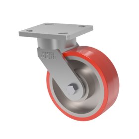 Caster; Swivel; 5" x 2"; PolyU (1"; 85A) on Cast; Plate (4"x5"; holes: 2-5/8"x3-5/8" slots to 3"x3"; 3/8" bolt); Zinc; Roller Brng; 850#; Kingpinless; Pos Lock (Item #63572)