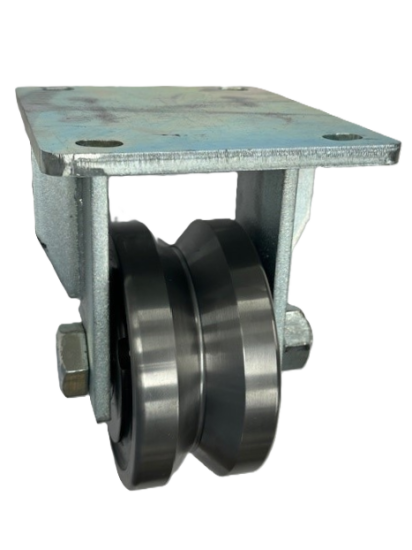 (image for) Caster; Rigid; 6\" x 3\"; V-Groove (1-3/8) Drop Forged Steel; Plate (6-1/4\"x7-1/2\": holes: 4-1/8\"x6\" slots to 4-1/2\"x6-1/8\"; 1/2\" bolt); Znc; Tapered Brng; 10000# (Item #63018)