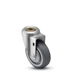 Caster; Swivel; 3 x 1-1/4; Thermoplastized Rubber (Gray); Hollow Kingpin; 1/2 bolt; Zinc; Precision Ball Brng; 210#; Thread guards (Item #68812)