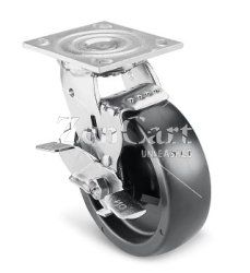 (image for) Caster; Swivel; 5" x 2"; Polyolefin; Plate; 4"x4-1/2"; holes: 2-5/8"x3-5/8" (slotted to 3"x3"); 3/8" bolt; Zinc; Roller Brng; 650#; Wheel Brake (Item #63652)