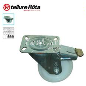 (image for) Caster; Swivel; 4" x 1-1/4"; Nylon; Plate (85mm x 100mm: holes: 60mmx80mm; 9mm bolt); Galvanized Steel; Plain bore; 350#; Total Lock (Trailing) (Item #63870)