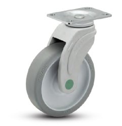 Caster; Swiv; 5" x 1-1/4"; Thermoplas Rbr (GY); Plate (2-1/2"x3-5/8": holes: 1-3/4"x2-13/16" (slots 3-1/16"); 5/16" bolt); Nylon (GY); Prec Brng; 200#; Non-magn (Item #63314)