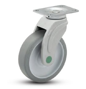 (image for) Caster; Swiv; 5" x 1-1/4"; Thermoplas Rbr (GY); Plate (2-1/2"x3-5/8": holes: 1-3/4"x2-13/16" (slots 3-1/16"); 5/16" bolt); Nylon (GY); Prec Brng; 200#; Non-magn (Item #63314)