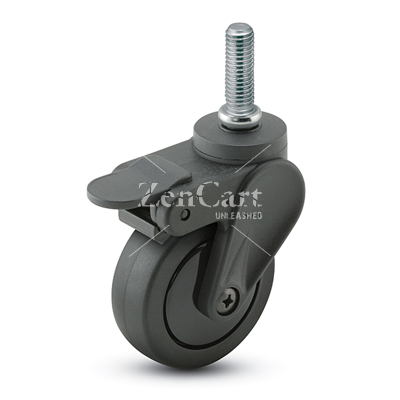 (image for) Caster; Swivel; 3" x 15/16"; Black PolyU on PolyO; Threaded Stem (3/8"-16TPI x 3/4"); Black GFN Rig; Delrin Bushing; 120#; Thread guards; Pedal Brake (Item #64660)