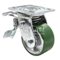 (image for) Caster; Swivel; 8" x 2"; PolyU on Cast Iron; Plate (4"x4-1/2"; holes: 2-5/8"x3-5/8" slots to 3x3; 3/8 bolt); Roller Brng; 1250#; Total Lock (Leading) (Item #66799)