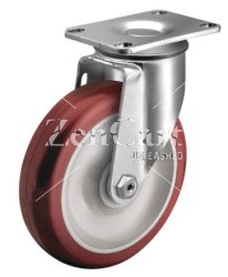 (image for) Caster; Swivel; 5" x 1-1/4"; PolyU on PolyO (Red); Plate (2-1/2"x3-5/8": holes: 1-3/4"x2-13/16" (slot to 3-1/16"); 5/16" bolt); Zinc; Ball Brng; 275# (Item #63778)