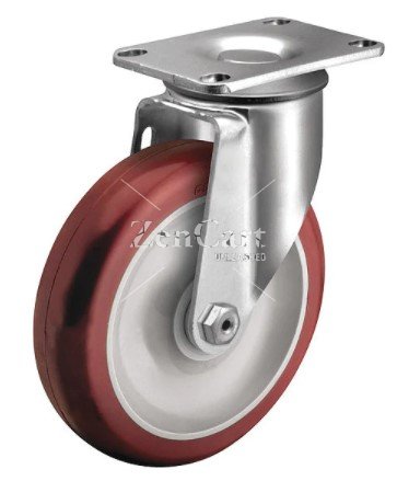 (image for) Caster; Swivel; 5" x 1-1/4"; PolyU on PolyO (Red); Plate (2-1/2"x3-5/8": holes: 1-3/4"x2-13/16" (slot to 3-1/16"); 5/16" bolt); Zinc; Ball Brng; 275# (Item #63778)