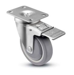 Caster; Swivel; 3" x 1-1/4"; TPR Rubber (Gray); Plate (2-5/8"x3-3/4"; holes: 1-3/4"x2-3/4" slotted to 3"; 5/16" bolt); Zinc; Prec Ball Brng; 280#; Total Lock (Item #64777)