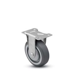 Caster; Rigid; 4" x 1-1/4"; TPR Rubber (Gray); Plate (2-3/8"x3-5/8"; holes: 1-3/4"x2-7/8" slotted to 3"; 5/16" bolt); Stainless; Delrin Spanner; 250# (Item #66262)