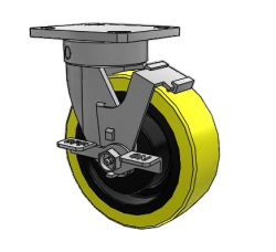 Caster; Swivel; 6" x 2"; PolyU (1/2"; 95A) on Cast; Plate (4"x4-1/2"; holes: 2-5/8"x3-5/8" slots to 3"x3"; 3/8" bolt); 6203 Prec BBs; 2000#; Kingpinless; Brake (Item #63253)