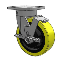 Caster; Swivel; 6" x 2"; PolyU (1/2"; 95A) on Cast; Plate (4"x4-1/2"; holes: 2-5/8"x3-5/8" slots to 3"x3"; 3/8" bolt); 6203 Prec BBs; 2000#; Kingpinless; Brake (Item #63253)