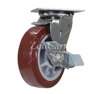 (image for) Caster; Swivel; 5" x 2"; Red PolyU on PolyO; Plate (4"x4-1/2"; holes: 2-5/8"x3-5/8" slotted to 3"x3"; 3/8" bolt); Stainless; Delrin Bushing; 750#; Brake (Item #66251)
