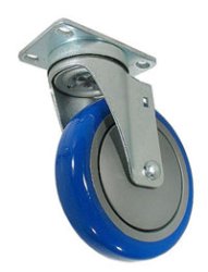 Caster; Swivel; 5"x1-1/4"; PolyU on PolyO (Blue); Plate (2-1/2x3-5/8; holes: 1-3/4x2-7/8 slotted to 3; 5/16 bolt); Zinc; Ball Brng; 300#; TG (Item #67416)