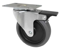 Caster; Swivel; 3" x 1-1/4"; PolyU on PolyO (Gray); Plate (2-1/2"x3-5/8"; holes: 1-3/4"x2-7/8" slotted to 3"; 5/16" bolt); Zinc; Plain bore; 250#; Pedal Brake (Item #64166)