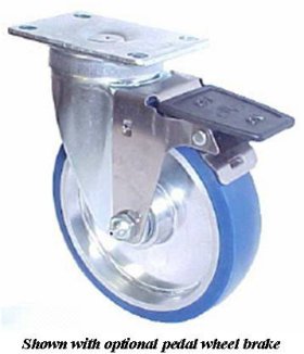 (image for) Caster; Swiv; 5x1-1/4; Rubber on Alum; Top Plate; 2-1/2x3-5/8; holes: 1-3/4x2-7/8 (slotted to 3); 5/16 bolt; Zinc; Prec Brng; Wgt Cap: 250#; PWB (Item #69880)