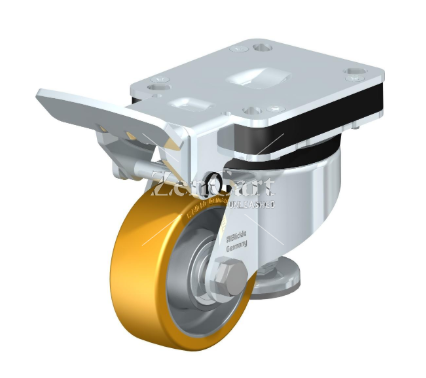 (image for) Caster; Swivel; 80mm x 35mm; 92A PolyU; Plate (85mm x 100mm); Zinc; Ball Brng; 400# Dynamic/ 2200# Static; Retractable Floor Lock lifts 1/8"; Swiveling Pedal (Item #64080)