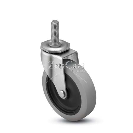 (image for) Caster; Swivel; 4" x 1-1/4"; Thermoplastized Rubber (Gray); Threaded Stem (1/2"-13TPI x 1-1/2"); Stainless; Delrin Spanner; 250# (Item #65398)