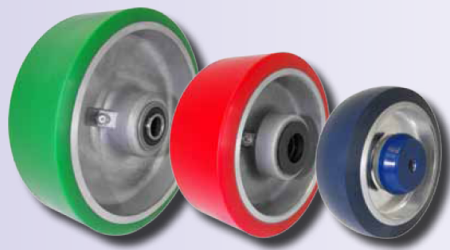 (image for) Caster; Swivel; 5" x 2"; PolyU on Cast Iron; Plate; 4"x4-1/2"; holes: 2-5/8"x3-5/8" (slotted to 3"x3"); 3/8" bolt; Zinc; Roller Brng; 1200# (Red or green tread) (Item #68076)