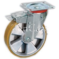 (image for) Caster; Swivel; 125mm x 35mm; PolyU on Alum (Orange); Plate (85mm x 100mm: holes: 60mmx80mm; 9mm bolt); Zinc; Ball Brng; 485#; Total Lock; Dust Cover (Plastic) (Item #66184)