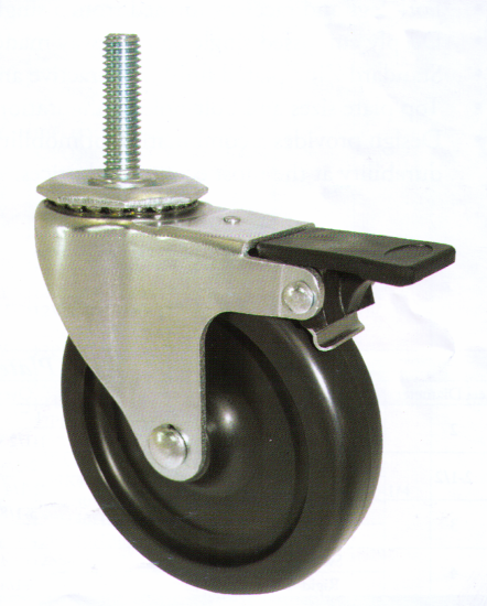 (image for) Caster; Swivel; 4\" x 1-1/4\"; Polyolefin; Threaded Stem (3/8\"-16TPI x 1-1/2\"); Zinc; Plain bore; 325#; Pedal Brake; Dust Cover (Mtl) (Item #65237)