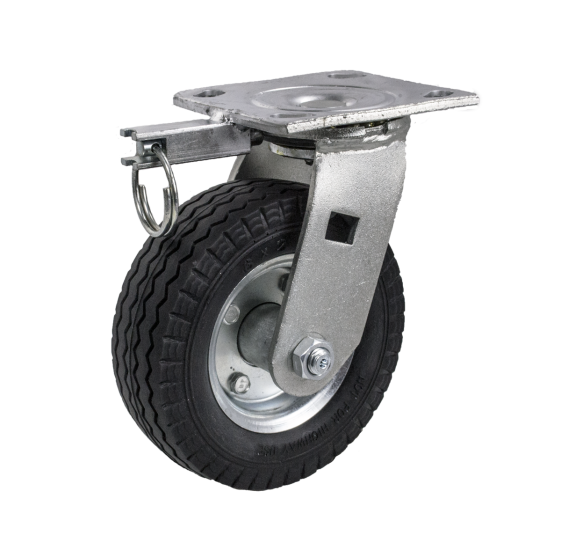Caster; Swivel; 6\" x 2\"; Flat Free (Black); Plate (4\"x4-1/2\"; holes); Prec Ball Brng; 150#; Sawtooth Tread; Bolted Hub; Position lock; Temp Sensitive (Item #65619)
