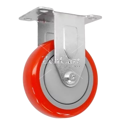 (image for) Caster; Rigid; 4" x 1-1/4"; PolyU on PolyO (Red); Plate (2-1/2"x3-5/8"; holes: 1-3/4"x2-7/8" slots to 3"; 5/16" bolt); Prec Ball Brngs; 300#; TG (Item #63232)