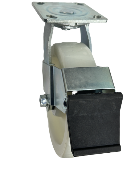 (image for) Caster; Swivel; 8\" x 2\"; Nylon; Plate (4\"x4-1/2\"; holes: 2-5/8\"x3-5/8\" slots to 3\"x3\"; 3/8\" bolt); Zinc; Roller Brngs; 1250#; Face Brake (Item #63033)