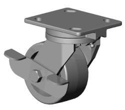 Caster; Swivel; 2-1/2" x 1-1/8"; Cast Iron; Plate (2-3/4"x3-7/8"; holes: 1-3/4"x3"; 5/16" bolt); Zinc; Plain bore; 200#; Tread brake (Item #64089)