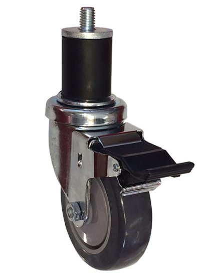(image for) Caster; Swivel; 5\" x 1-1/4\"; TPR Rbr Round; Expandable Adapter (1.426\" - 1.589\" ID tubing); Stainless; Ball Bearing (Single); 300#; Dust Cover; Pedal Brake (Item #65696)