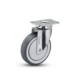 (image for) Caster; Swivel; 4" x 1-1/4"; TPR Rubber (Gray); Plate (2-5/8"x3-3/4"; holes: 1-3/4"x2-7/8" slotted to 3"); Chrome; Prec BB; 240#; Thread Guards (Item #64376)