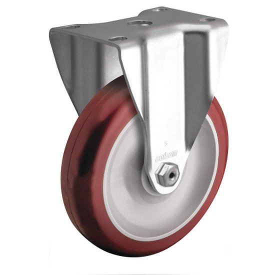 Caster; Rigid; 4\" x 1-1/4\"; PolyU on PolyO (Red); Plate (2-11/16\"x3-5/8\": holes: 1-3/4\"x2-13/16\" (slots to 3-1/16\"); 5/16\" bolt); Zinc; Ball Brng; 275# (Item #63775)