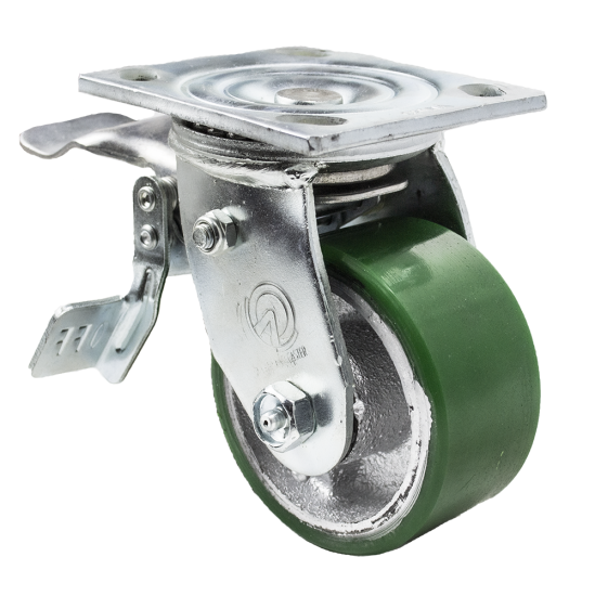 (image for) Caster; Swivel; 6\" x 2\"; PolyU on Cast Iron; Plate (4\"x4-1/2\"; holes: 2-5/8\"x3-5/8\" slotted to 3\"x3\"; 3/8\" bolt); Roller Brng; 1200#; Total Lock (Leading) (Item #66032)