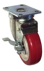Caster; Swivel; 4" x 1-1/4"; PolyU on PolyO (Red); Plate (2-1/2"x3-5/8"; holes: 1-3/4"x2-7/8" slots to 3"; 5/16" bolt); Prec Ball Brngs; 300#; Dust Cover; Brake (Item #63233)