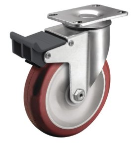 (image for) Caster; Swivel; 4" x 1-1/4"; PolyU on PolyO (Red); Plate (2-1/2"x3-5/8": holes: 1-3/4"x2-13/16" (slot to 3-1/16"); 5/16" bolt); Ball Brng; 275#; Total Lock Brk (Item #63776)