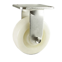 Caster; Rigid; 5" x 1-1/4"; Nylon; Plate; 2-3/8"x3-5/8": holes: 1-3/4"x2-7/8" (slots to 3"); 3/8" bolt; Stainless; Plain bore; 350# (Item #62890)
