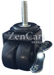 (image for) Caster; Dual Wheel; Swivel; 2" x 7/8" (x2); Rubber (Non-marking); Threaded Stem (3/8"-16TPI x 1-1/2"); Black Rig; Plain bore; 225#; Side Friction Brake (Item #65735)