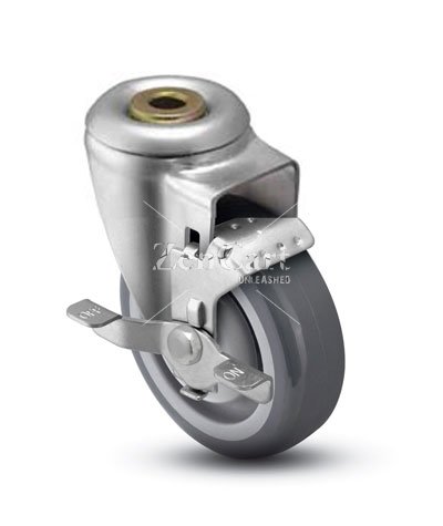 (image for) Caster; Swivel; 4" x 1-1/4"; Thermoplastized Rubber (Gray); Hollow Kingpin (1/2" bolt hole); Zinc; Prec Ball Brngs; 260#; Dust Cover (Mtl); Thread guards; Brake (Item #63246)