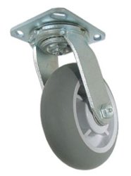 Caster; Swivel; 6" x 2"; ThermoPlastic Rubber Donut (Gray); Plate (2-1/2"x3-5/8"; holes: 1-3/4"x2-7/8" slotted to 3"; 5/16" bolt); Zinc; Roller Brng; 375# (Item #63125)