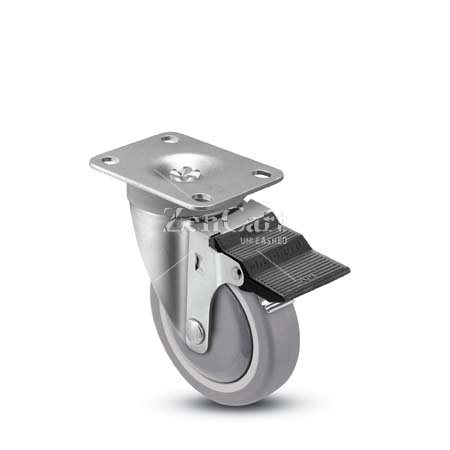 (image for) Caster; Swivel; 5" x 1-1/4"; PolyU on PolyO (Gray); Plate (2-5/8"x3-3/4"); Prec Ball Brng; 315#; Thread Grds; Pedal Brake (Item #64595)