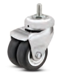 Caster; Dual Wheel; Swivel; 2" x 1" (x2); Rubber (Soft; non-marking); Threaded Stem (1/2"-13TPI x 1"); Chrome; Prec BB; 250#; Thread Guards; Dust Shield (Item #63722)