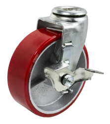 Caster; Swivel; 6" x 2"; PolyU on Cast Iron (Usu Red or Green); Hollow Kingpin (1/2" bolt hole); Zinc; Roller Brng; 400#; Tread brake (Item #64199)