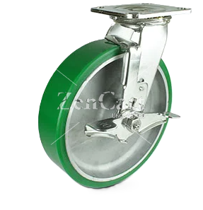 (image for) Caster; Swivel; 6" x 2"; PolyU on Alum (Color varies); Plate; 4"x4-1/2"; holes: 2-5/8x3-5/8 (slotted to 3x3); 3/8 bolt; Zinc; Roller Brng; 1200# (Item #64297)