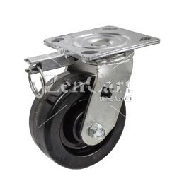 (image for) Caster; Swivel; 6" x 3"; Phenolic; Plate (5-1/4"x7-1/4"; holes: 3-3/8"x5-1/4" slots to 4-1/8"x6-1/8"; 1/2" bolt); Zinc; Tapered Rlr Brng; 2000#; Position Lock (Item #63594)