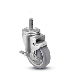 Caster; Swivel; 4" x 1-1/4"; Thermoplastized Rubber (Gray); Threaded Stem (5/8"-11TPI x4"); Stainless Steel; Delrin Spanner; 250#; Wheel Tread Brake (Item #66382)