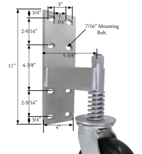 (image for) Yoke; 6" x 2"; Spring Loaded Gate Caster Bracket (11"x4"; 8 holes 1-3/4" (slotted to 3") x 9-1/2"; 7/16" bolt); 1/2" Bore; 2-1/2" Hub Length; 700# deflection (Item #88522)